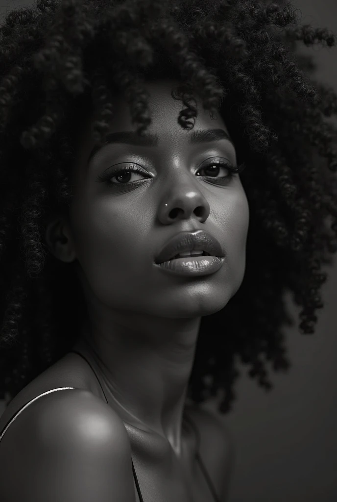 Crie uma imagem de retrato hiper-realista no estilo Fine Art, retratando uma mulher negra com cabelo Black Power, traditional African clothing and accessories. The woman must emanate a look of empowerment and confidence, while ambient light creates a cinematic atmosphere. The photo should be captured from an accommodated resilient angle to add an artistic touch to the composition. Image needs to be high definition, com detalhes finos, to enhance the beauty and individuality of the protagonist.