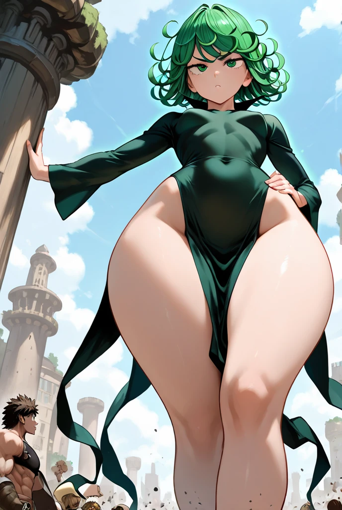 Exhibitionist, Nsfw, masterpiece, best quality, ultra-detailed, illustration, epic lighting, cinematic composition, 1girl, tatsumaki, flat chest, black dress, pelvic curtain, long sleeves, green eyes, glowing eyes, crossed arms, expressionless, floating, blue sky, (8k:1.1), Point of view from below , upskirt , Skirt lift bottom pov