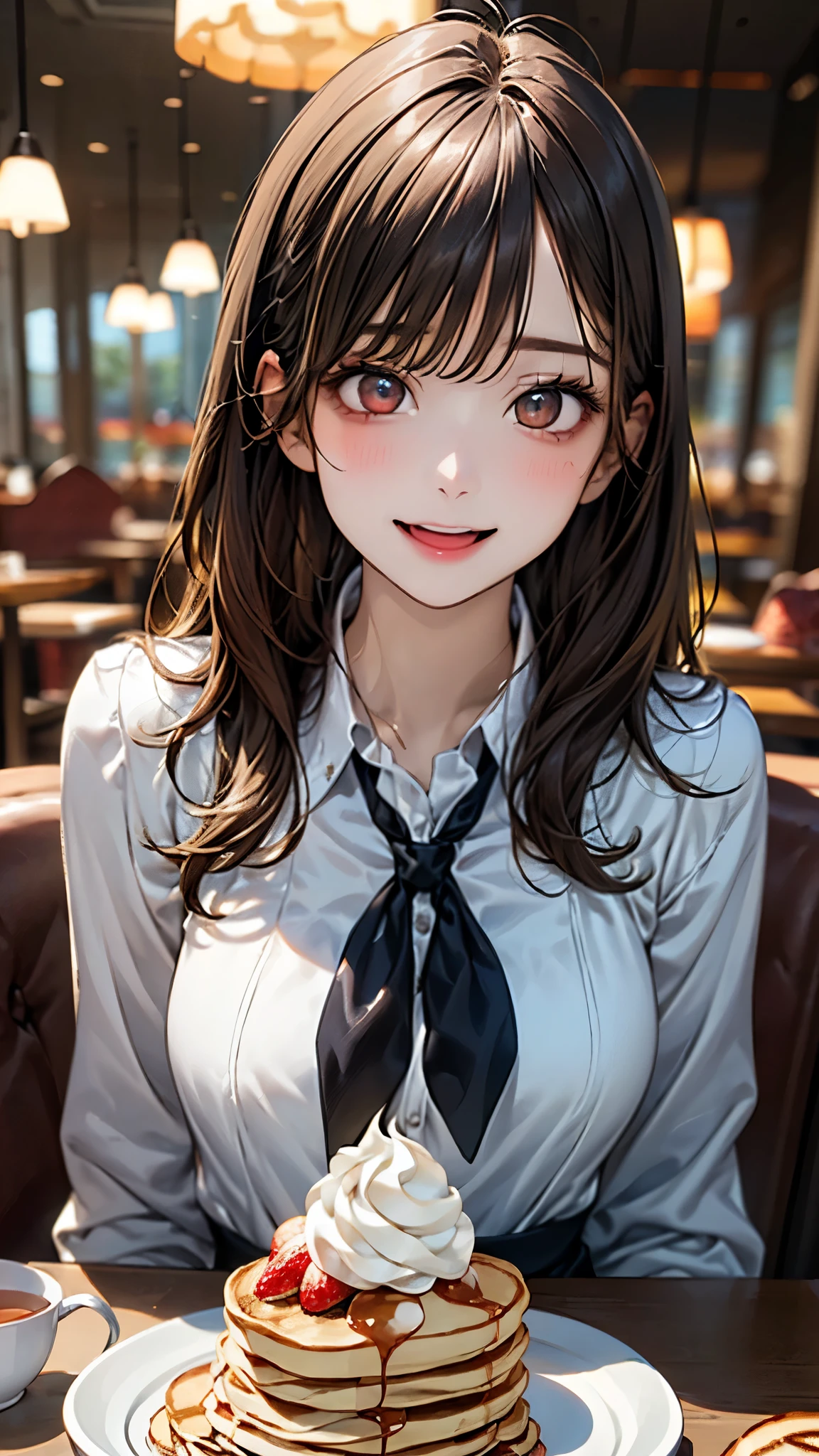 (masterpiece:1.3, top-quality, ultra high res, ultra detailed), (realistic, photorealistic:1.3), beautiful illustration, perfect lighting, natural lighting, colorful, depth of fields, 2025s, ,
beautiful detailed hair, beautiful detailed face, beautiful detailed eyes, (perfect anatomy, anatomically correct, super detailed skin), shiny skin,
looking at viewer, (face focus, upper body), 1 girl, office lady, cute and symmetrical face, perfect face, perfect eyes, perfect body, perfect fingers, (five fingers), babyface, cute face:1.2, tiny,
(long hair, straight hair, light brown hair), bangs, dark brown eyes, big eyes, long eye lasher, (large breasts, seductive thighs), slender, skin dentation,
(detailed cloth texture), break (navy suit vest, navy tight skirt), break (long sleeve white blouse, white neckerchief), break
(beautiful scenery), spring/(seasons/), evening, detailed background, (restaurant:1.5, black tea, Strawberries and whipped cream on pancakes:1.5), sitting chair, eating, (cute smile, open mouth),