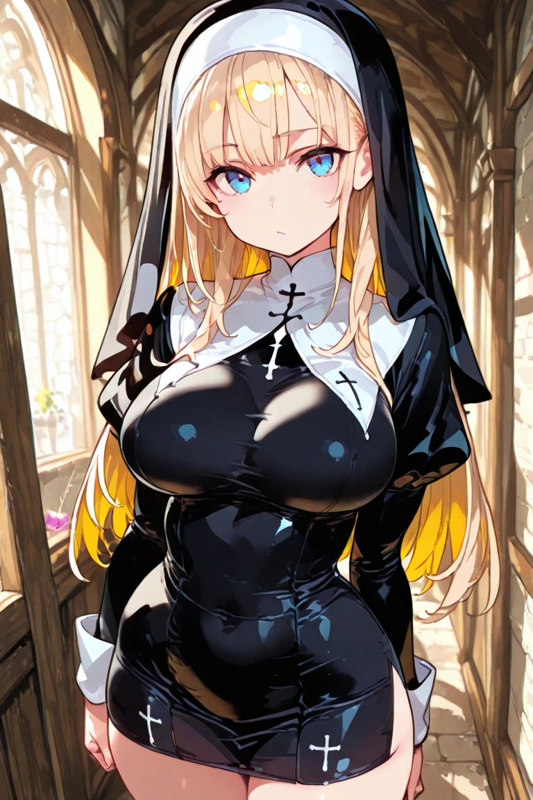 (Girl:1.5), (Elegant:1.3), (Blonde:1.5), (Straight Hair:1.5), (Long Hair:1.4), (Big eyes:1.2), (Droopy eyes:1.4), (nun:1.4), (shiny skin:1.5), (The ultimate female body:1.5), (Shapely large breasts:1.3), (black head veil:1.4), (black scapular:1.3), (black tunic:1.3), (looking away:1.3), (skindentation:1.4), (church:1.3), (pov:1.5), (close up:1.3), (View from below:1.3), (High resolution:1.2), (highest quality:1.2), (8K:1.2),