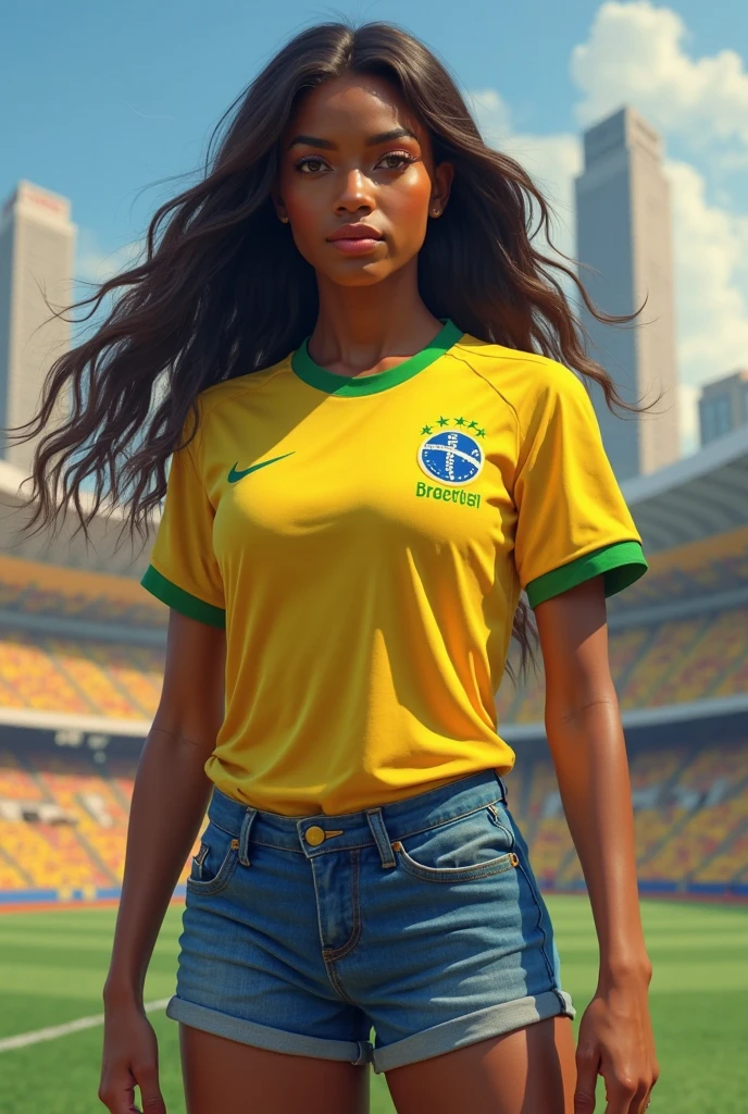 1 girl, brunette, 18 years old, big breasts, large hips, thin waist, flat stomach, thick thighs, brazil shirt, ponytail hair, very realistic, maximum details, 8k, background of the favela,no nude