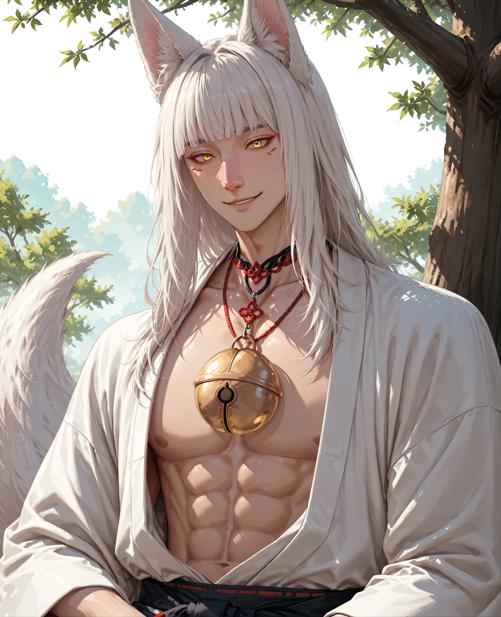 Male Werewolf , Open kimono , White Japanese loincloth , A fully exposed erect crotch , White long hair , Black body , White belly , White Face , Cherry blossom forest , Gentle eyes looking into the distance