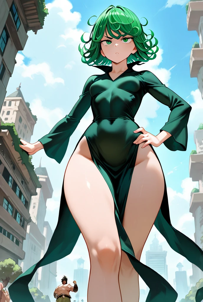 (((Huge ass))) beautiful and cute lady, (slim), (big-ass), (Waist slender), (ass naked), 8K, Tatsumaki of a One-Punch Man, short green hair, greeneyes, medium chest, whole body view, ((wearing a ripped black dress with a V-neck, long sleeves and four high-cut leg slits)), vred, Standing in a destroyed city, Dynamic view, ((muscular legs)) , barefoot