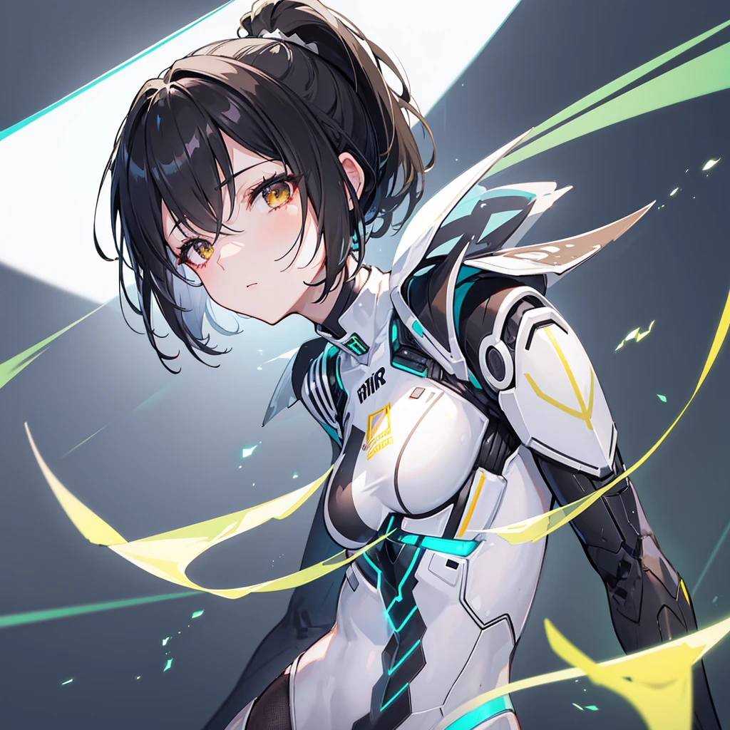 ((masterpiece, Highest quality, High resolution, 超High resolution, Pixel perfect, Written boundary depth, 4K, RTTX 10.0, High resolution))), 1 person, single, alone, Beautiful Anime, Beautiful art style, Anime characters, ((Shortcuts, bangs, Dark brown hair)), ((Green Eyes:1.4, Round eyes, Beautiful eyelashes, current eyes)), ((Smooth texture:0.75, Anime CG style)), ((Dynamic Angle, close)), Perfect body, (cute), Normal chest, whole body, ((4K, 8k, Highest quality, Perfect Fingers: 1.3, Perfect Anatomy: 1.3, Background Blur)), whole bodyアングル, Illustration of a girl in a mech suit, The characters are dressed in highly functional and stylish mecha suits.、The suit is designed to fit the body、Features various parts that support movement and glowing energy lines, The suit's color has a metallic texture., The background is a futuristic city and a battlefield.、Overall powerful、A scene full of sci-fi vibes