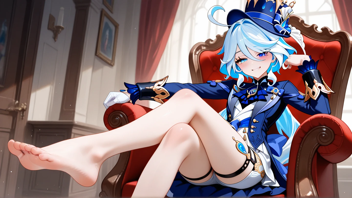 ((masterpiece,best quality)), 1 girl, Forina, heterochromia, short hair, blue hat, black shorts, black stockings, And then, sitting, from below, Smile, legs crossed, hand on chin