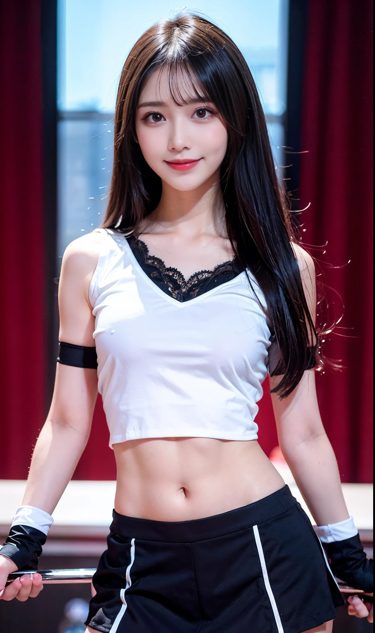 in a ballroom,There is a beauty that catches the eye。She has a slim figure,Wear a short skirt,Crop topping,Dance,It looks more elegant。In terms of appearance,She has long black and shiny hair,The skin is as fair as jade,The facial features are delicate and picturesque,Especially those big bright eyes,It seems to be able to see through people's hearts。She often has a smile on her lips,Exudes charming confidence and charm,Best quality,Face to face audience,
