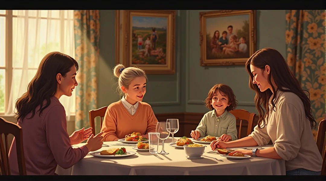 Eating at the Christmas dinner table , a brown haired woman 30 years old, a light brown haired and green eyes old woman 60 years old