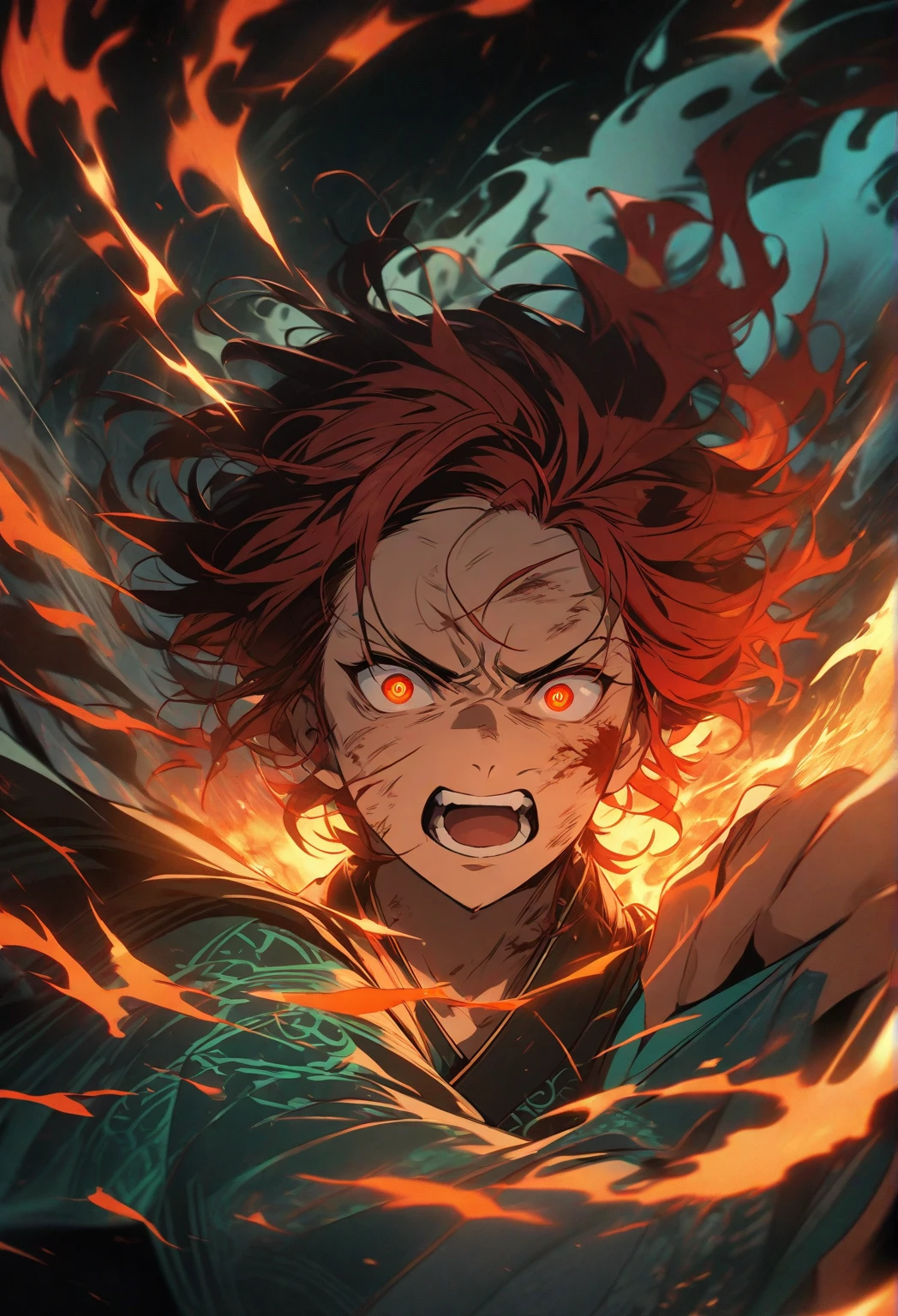 modo furia, hombre, , Cabello salvaje, Lightning, enojado, destruction, red eyes, surrounded by electricity 