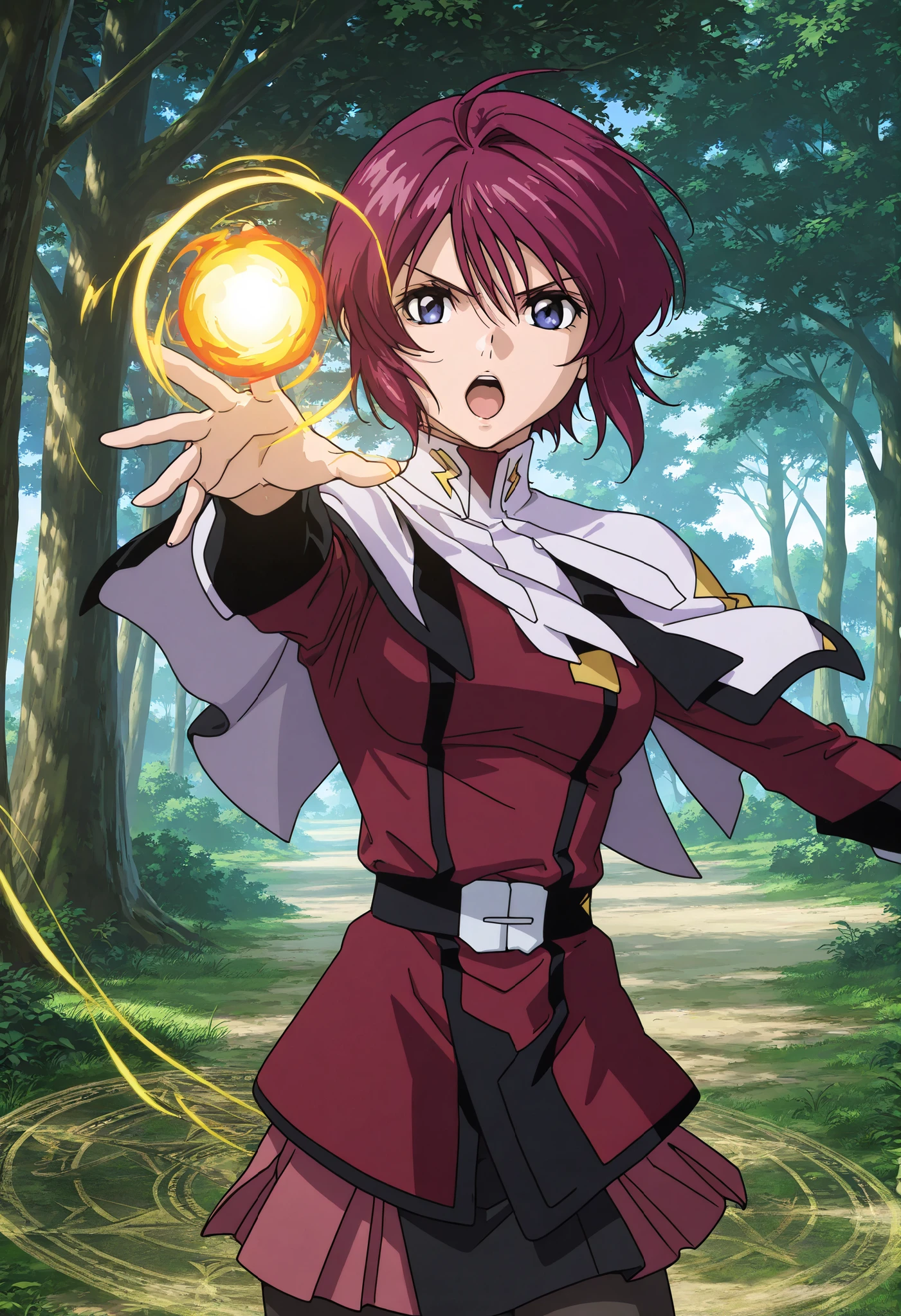 masterpiece, best quality, amazing quality, very aesthetic, absurdres, newest, scenery, 1girl, solo, medium breasts, open mouth, red eyes, hair between eyes, long hair, twintails, hair intakes, grey hair, white hair, hair bow, black bow, white turtleneck, white capelet, red shirt, long sleeves, vambraces, black belt, black skirt, red skirt, pleated skirt, miniskirt, black pantyhose, upper body, reaching towards viewer, hands up, casting spell, magic, standing, forest, outside, looking at viewer, shiny skin, masterpiece, best quality, amazing quality, very aesthetic, absurdres, newest, scenery,(((lunamaria,1girl,solo,blue eyes,red hair,short hair,ahoge))),NSFW,; quality\(8k, wallpaper, Hi-Res, top- quality, top- quality real texture skin, super realistic, increase resolution, RAW Photo, very detailed, wallpaper, golden ratio,vibrant colors, Dramatic Lighting( Effect:1.5), compelling stories , captivating visuals , complicated details, Strong emotions, A dreamy world \),、「{{{Five fingers}}}」、A character charging up a massive energy ball in their hands, A character charging up a massive energy wave, with lightning crackling around , fireball, v-shaped eyebrows, flame, energy ball,magic circle,magic ball,magic