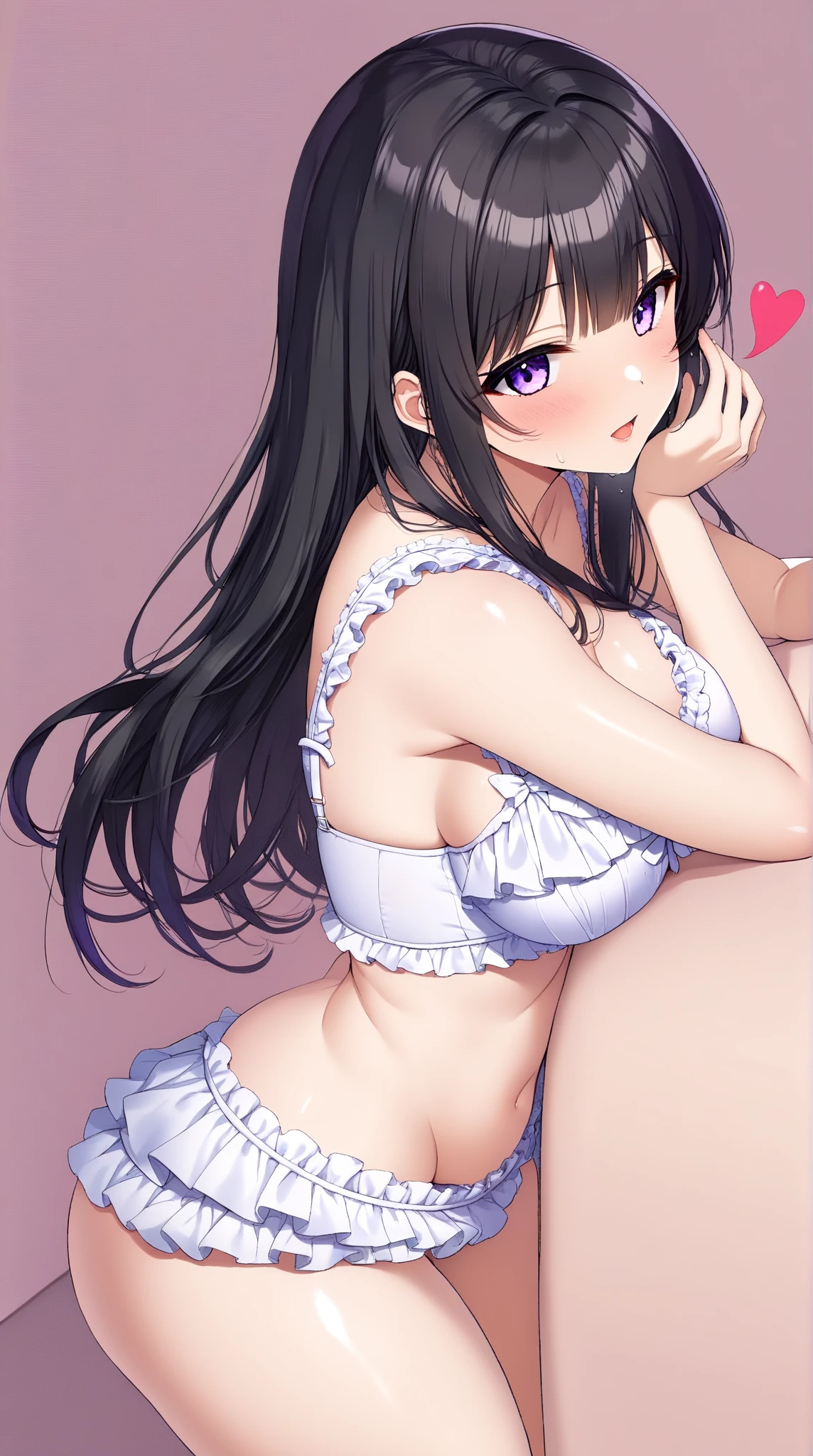 (A superb exquisite Chitanda Eru), (mature face), intricate details, (finely detailed beautiful eyes: 1.2), purple eyes, long black hair, natural straight hair, straight bangs, solo, [Small_breasts: large_breasts: 0.5], extremely delicate, peerless beautiful girl, dreamy quality, solid color, bright lips, slender waist, straight curves, soft lights and shadows, super fine, 8K HD, (masterpiece:1.4), (((lingerie, sexy smile, garter belt, white background)))