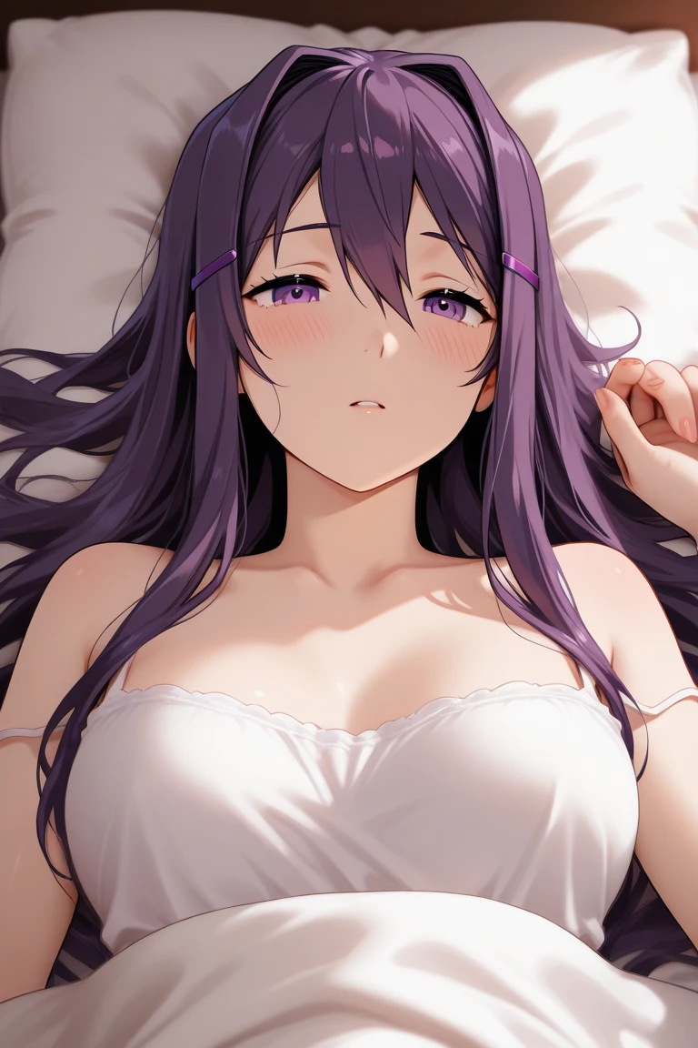 Score_9, Score_8_up, Score_7_up, anime_font, Tohka Yatogami, 1 girl, alone, long hair, purple hair, purple eyes, very long hair, ponytail, red ribbon, headband, perfect body. (((sleeping with slime、Sleeping、Hand down、bodice with embroidery、white panties with embroidery))), big breast, sweat, open mouth, masterpiece, best quality, nfsw, lying on bed, bikini, panties a a side,