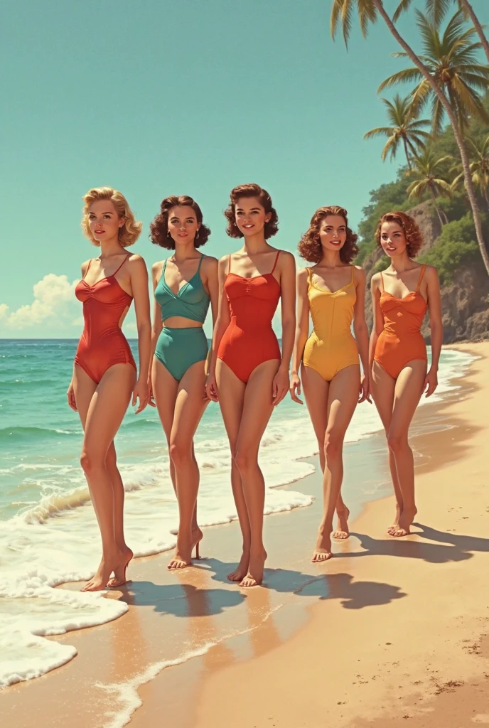 A sensual Rachel Cook, standing, lifting slirt to adjust stockings . ((White panties)). View from rear, (((wearing a loose fitting, short, red, floral sundress))), (((sideboobs))), medium breasts, cleavage. (((Bright blue eyes))). Full body portrait, pin-up painting from the '50s, in the art style of Alberto Vargas,, award-winning, masterpiece