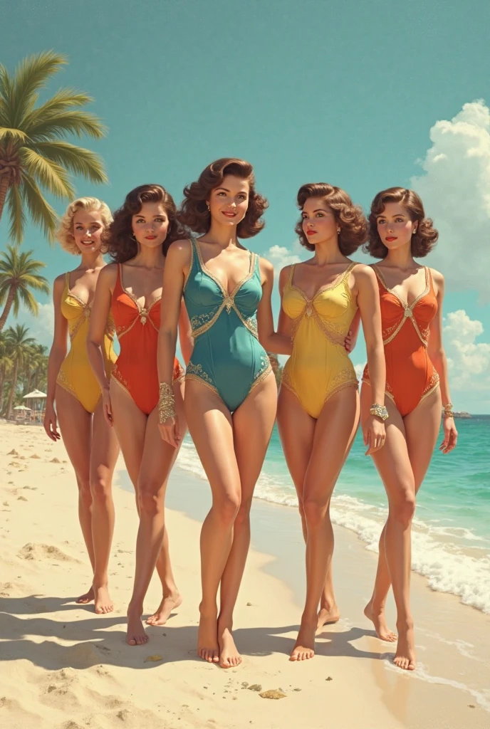 a group of elegant women at a 1950s party" An image featuring a group of elegant women, each wearing their distinctive 1950s Bikinis, posing for a photo at a open air swimming pool . Image is edited with a bold vivid palette, reflecting the camaraderie and timeless fashion of 1950s social gatherings.