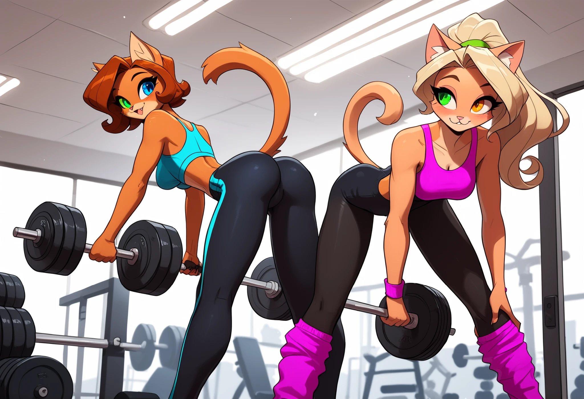 Masterpiece, best quality, amazing quality, absurdres, very aesthetic, lazypos, gym interior, (2girls), Kate, Marie, (Kate\(cute female anthro cat girl, skinny, short brown hair, heterochromia (copper left eye, green right eye), swishing tail, wearing sports bra and tight gym shorts, lifting weights, looking at Marie, aroused)\), (Marie\(cute anthro cat girl with long blonde hair and blue eyes, medium breasts, skinny, swishing tail, wearing workout leotard and leggings, leg warmers, head band, from behind, bending over and looking back at Kate, bedroom eyes)\), 2girls looking at each other, gym workout equipment