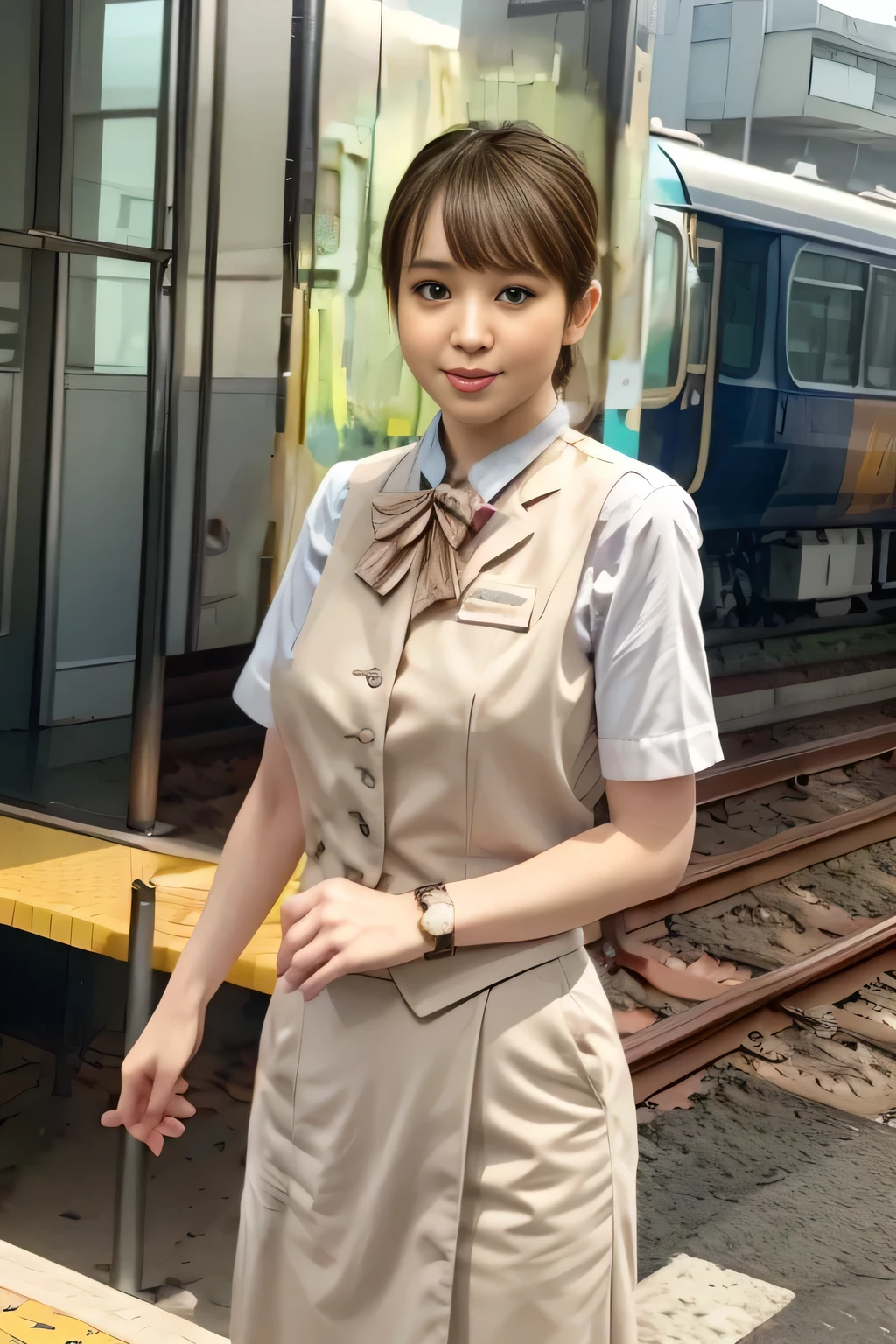 (masterpiece:1.2, Highest Quality:1.2), 32kHDR, high resolution, (alone、1 girl on break day)、（ daytime building rooftop 、Professional Writing）、Building rooftop background、（JR WOMAN Train Crew Uniform Beige Real Style）、（（JR Woman Train Crew Uniform Beige Light Blue Blouse Short Sleeve 、 Knee-length culottes skirt、 beige vest、scarf））、、Dark Brown Hair、（long hair、 hair like dots、 hair like dots）、Dark Brown Hair、 long hit 、Big Breasts、  Continue Reading  、（（ amazing hand  ：2.0）），（（A harmonious body shape：1.5）），（（normal limbs：2.0）），（（Don't make the：2.0）），（（ watch：2.0）），（（Normal eyes：2.0））)、smile、（JR Woman Train crew uniform beigeのKnee-length culottes skirtを見せた美しい立ち姿）、Hands down
