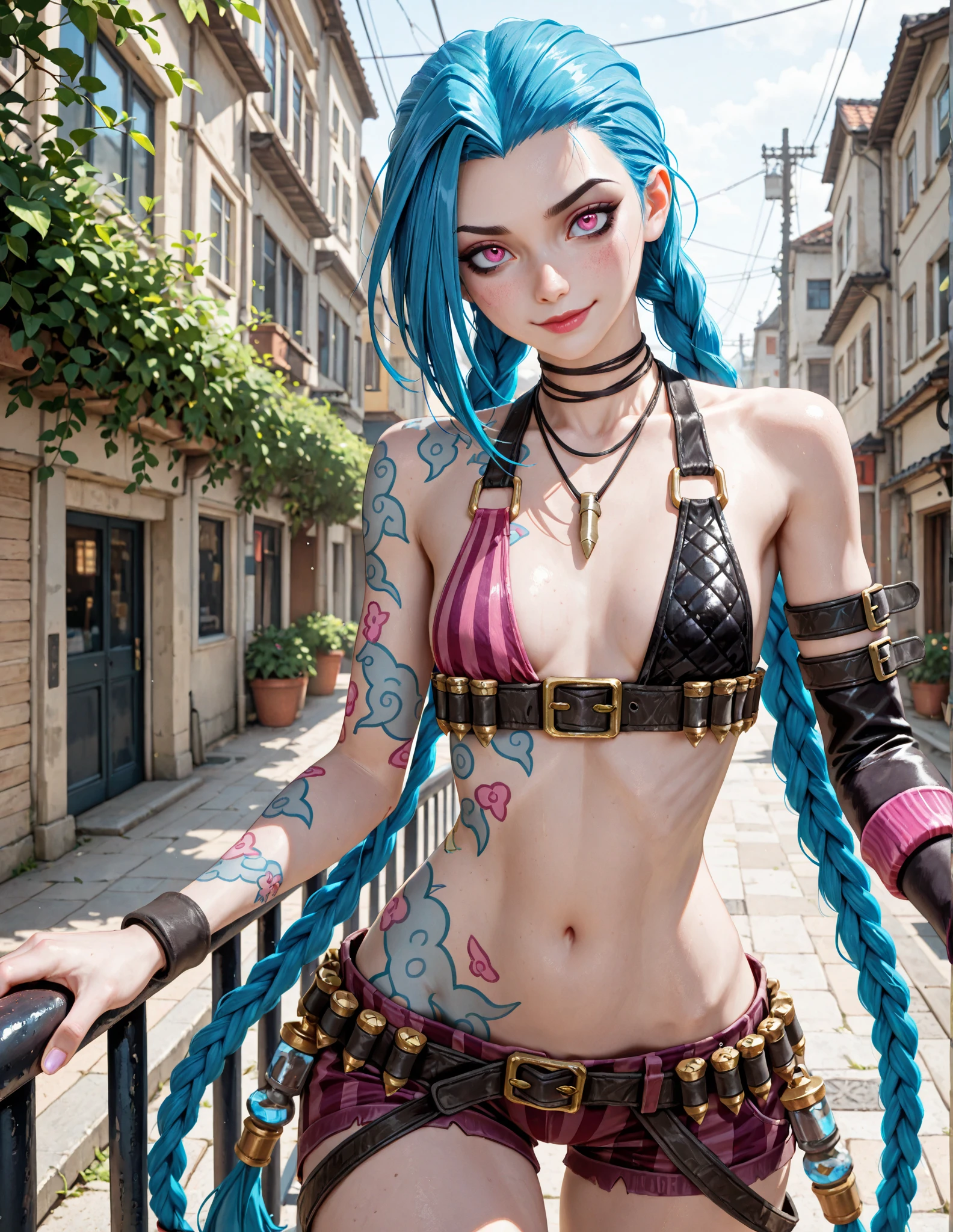 (masterpiece, best quality:1.2), intricate details, jinx \(league of legends\), 1girl, twin braids, single elbow glove, short shorts, bikini top only, necklace, belt, bullet, fingerless gloves, upper body, potrait, outdoors