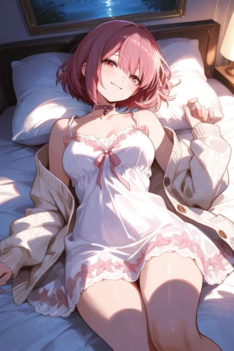 (Masterpiece), ((Best Quality)), (Super Detail), 1 Girl, Pink Hair, Small, Medium Hair, Ahoge, Bed, Face Down, Underwear, Chin on Both Hands, Flapping Legs, Cleavage, Bangs, Grimacing, Pink Eyes, Perfect Hands, Hand Details, Corrected Fingers. earrings, looking_at_viewer, top quality, rich details, perfect image quality,