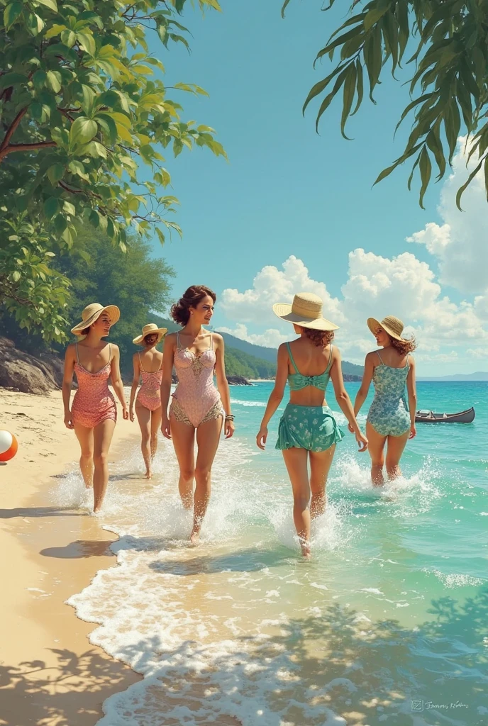 best quality,realistic,ultra-detailed,(highres,masterpiece:1.2),vivid colors,girls playing in the pool,detailed facial expressions,happy and joyful atmosphere,clear turquoise water,sparkling in the sunlight,refreshing splashes of water,beautiful summer day,gentle breeze rustling the leaves,flowing pool water creating a soothing ambience,carefree laughter and chatter,relaxing poolside chairs and umbrellas,palm trees swaying in the background,floral print swimsuits,stylish sunglasses and sun hats,delicious poolside snacks and drinks,refreshing pool toys and floats,crystal clear reflection of the girls in the water,splashes of water droplets in mid-air,floating pool toys and rubber duckies,giggling and playful interactions between the girls,happiness shining in their eyes,friendship and togetherness,upstairs bedroom window overlooking the scene,sunlight casting soft shadows on the pool,delightful summer vibes,friends enjoying their leisure time,memorable moments captured in the painting