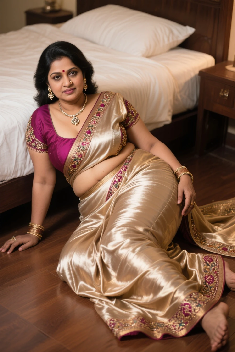Day scene, full body photo of a plus sized  indian woman , teeths visibly laughing face, face, top view, (Masterpiece, Best Quality, High Resolution), bedroom Background, (cum Splash on her face , cum Splash on her face and breasts, Splash of cum on face, cum Splash on her blouse, cum Splash on her eys), hour glass body red lips, lightly makeup,ultra realistic, realistic, look at viewer (cinematic:1.3), intricate details,
