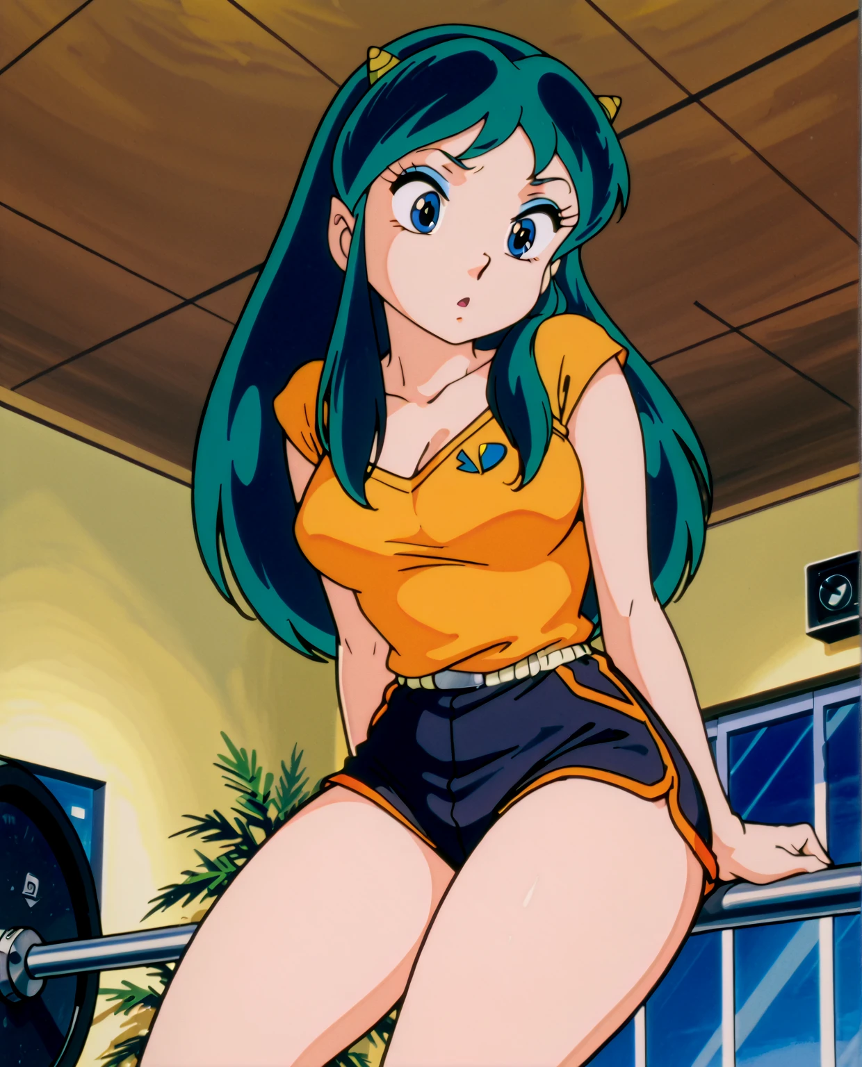 NSFW, masterpiece, (best quality: 1.2), long hair, blue eyes, green hair, worns, big breasts, evil_smile, sexy, ((tennis player)), red lipstick, fishnet stocking, ((seducing a boy)), boy touching woman, boy groping woman, boy groping woman from behind