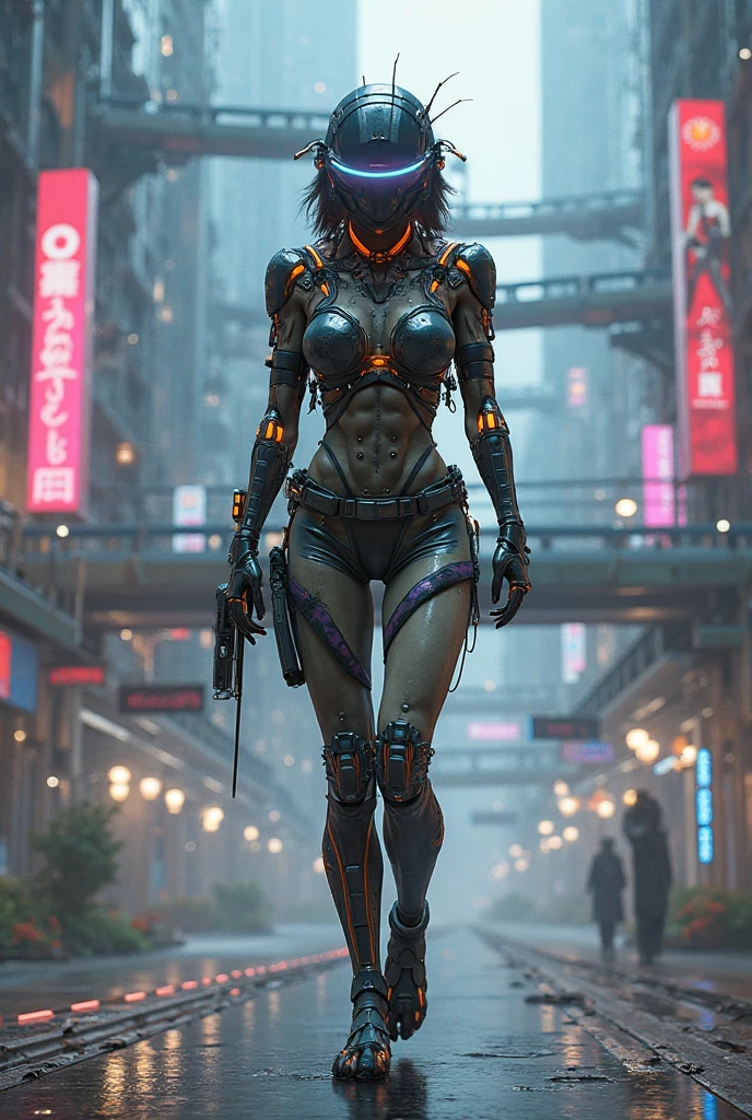 (full body woman,walking),(cyberpunk city),(glowing neon stripes on the dress's boots),(vibrant color),(cyberpunk style),(ultra realistic),(howling banshee),(shuriken)