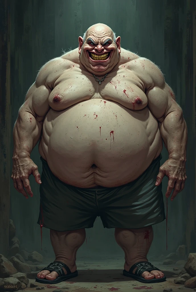 Fat character droopy eyes evil face anime style