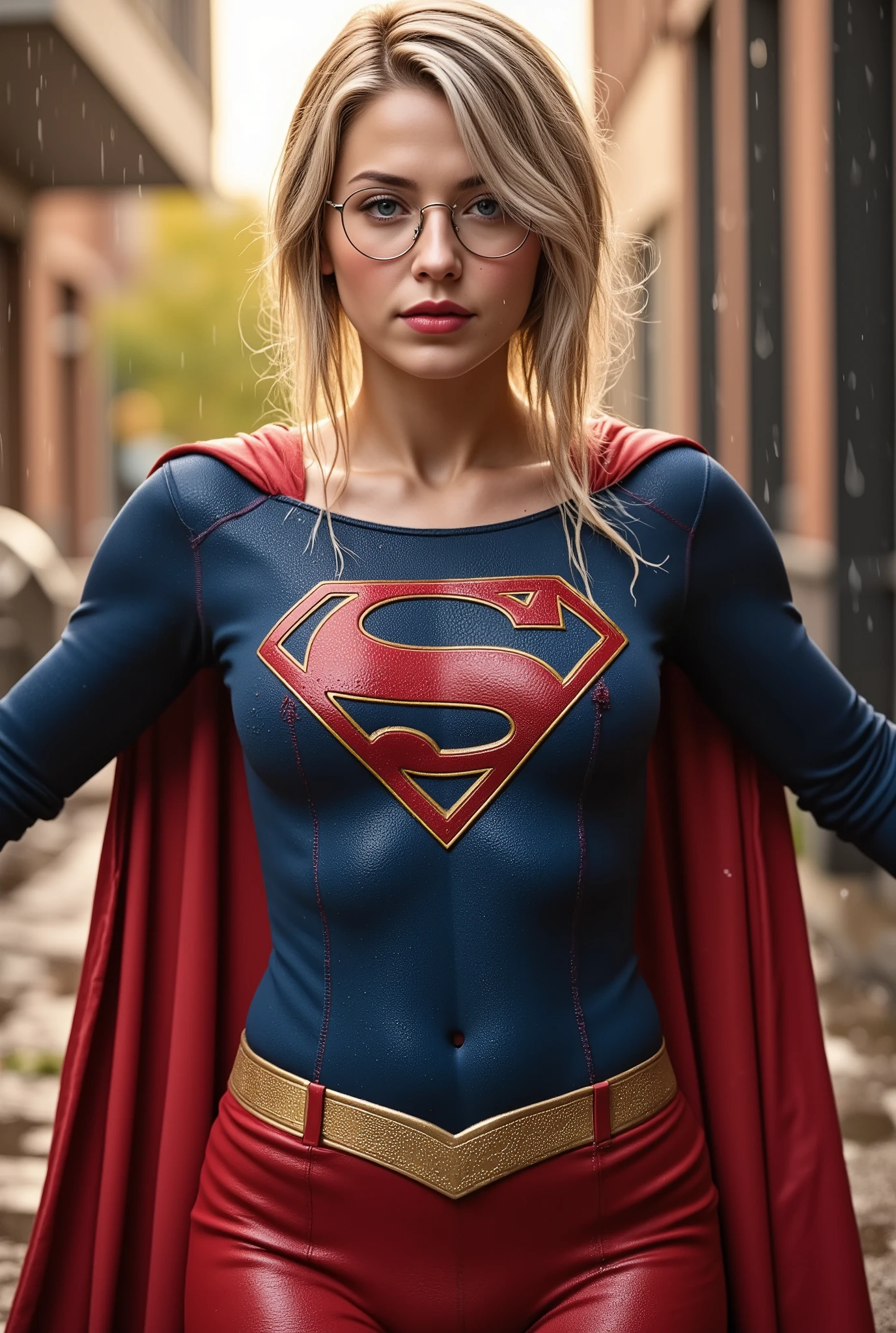 A beautiful, nerdy woman in her 20s with long messy white hair, blue eyes, red lips, and freckles. She's wearing glasses and a classic, tight blue Superman suit with a large "S" on her chest, red boots, and a flowing red cape. She stands confidently outside in the rain with her legs crossed, looking directly at the viewer. Water runs down her suit and cape. The lighting is cinematic, with soft golden tones and rain reflections. Ultra-detailed, photo-realistic, full-body view.