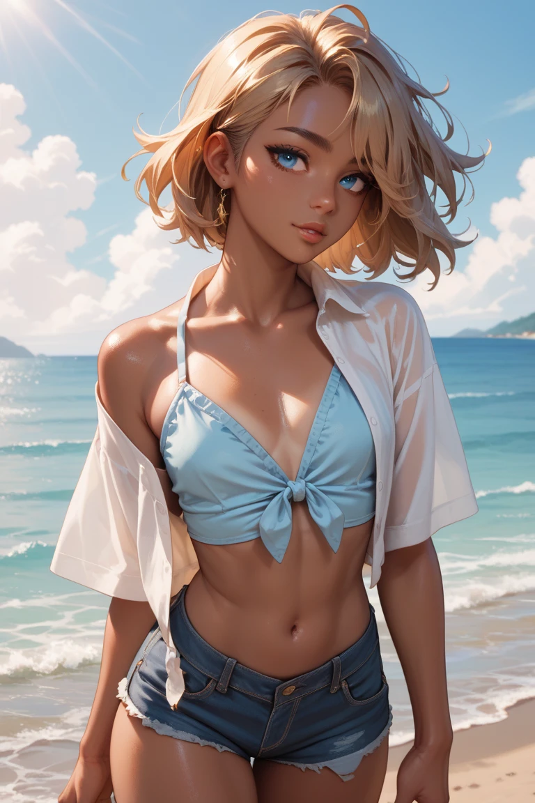 ``(masterpiece, best quality:1.2), highly detailed, nsfw, score_9, score_8_up, score_7_up,Anatomically Correct,
1girl, (skinny body:1.1),((flat chest:1.2)),short blond hair with 2 buns, tight cropped white t-shirt with “Toxic” printed, low rise cropped shorts, smokey eyes, ocean view,
,(absurdres, highres, intricate details, intricate)``