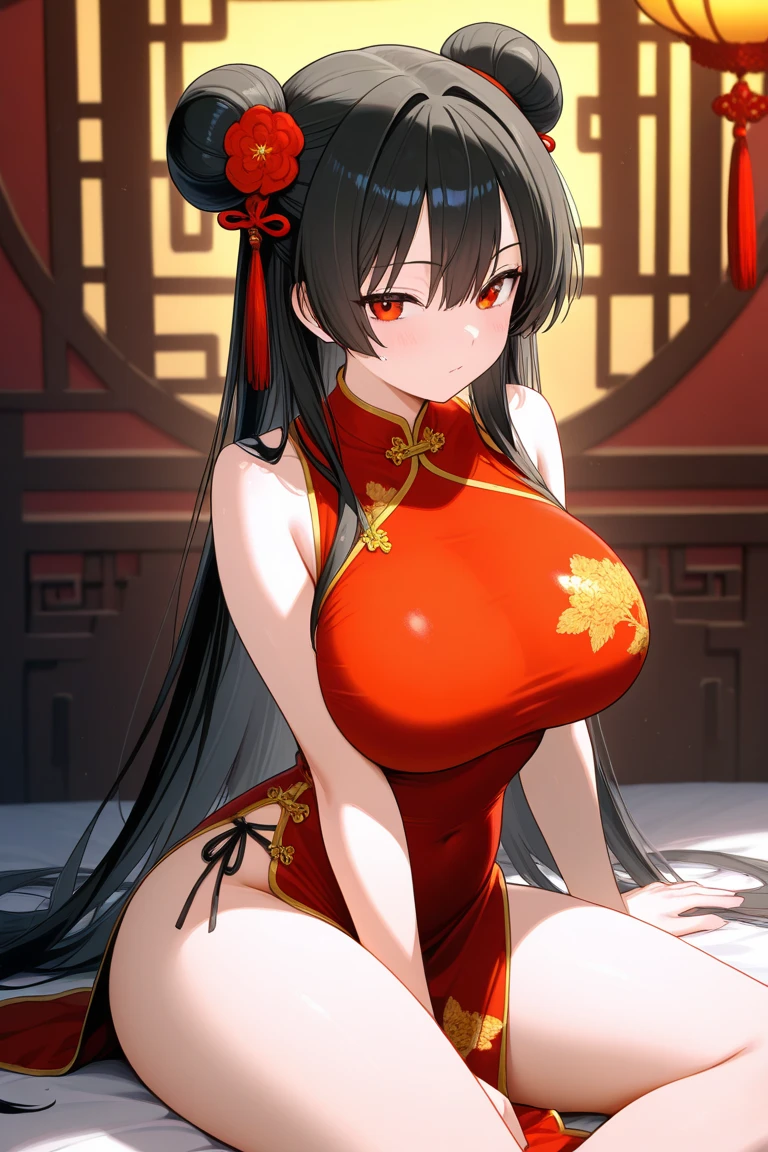 sexy women, China environment, silber hair, ((((humongous large breast))), (((Red cheongsam)))), ((((Red cheongsam)))), (((Gold accents)))((Perfect hourglass figure))