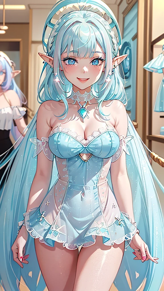 Anime, woman, long hair, pale blue hair, pink eyes, gently, earrings, big boob, wearing a long nightgown, beautiful, elegant, pure, fantasy, ice, snowflake, snow land, cool, noble, elf, crystal, stay in thorn room,