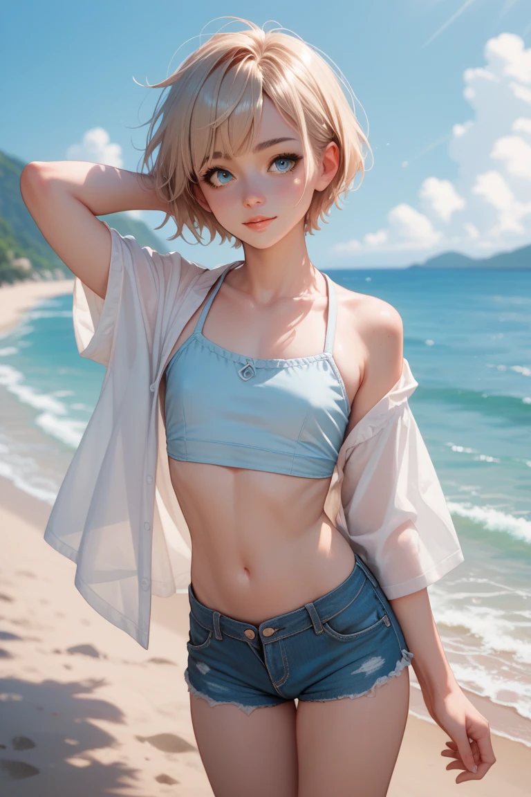 Cat ear、Absurd, Ultra-detailed,Bright colors,(solo),(From the side:1.2),(View your viewers:1.5) (Short blonde hair:1.2),Shiny Hair,(Pink hoodie:1.5),(Black sneakers),Denim shorts,Delicate and beautiful face, blush、(Deep blue eyes:1.4), White skin, (A wistful smile:1.3),Beautiful Clouds,(Standing on the beach, looking to the side with a sad expression:1.3),look at the sea and sunset,At sunset,Waves crashing on the beach,sunlight,Light on the face、Cat ear、Belly button