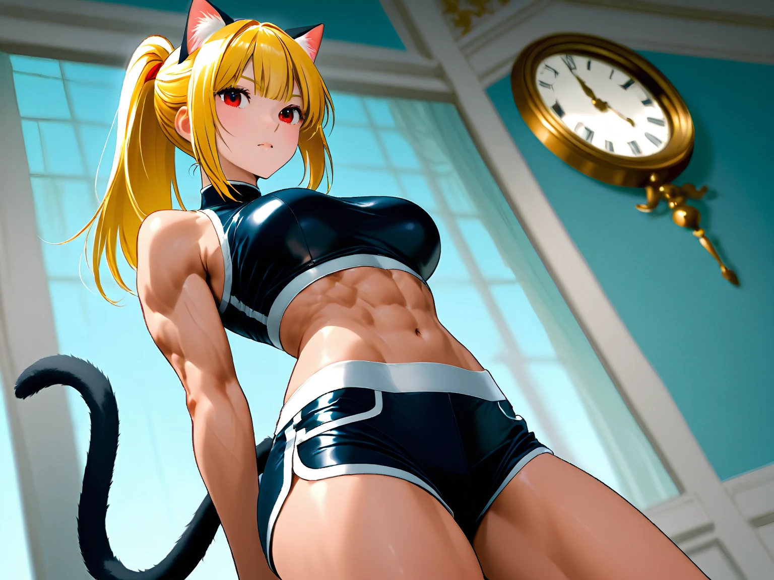 Very detailed、Highest quality、Best image quality、masterpiece、(Super Fine)、8k、(Get on all fours and turn your butt towards us:1.5)、(shoulder-length blonde hair:1.5、Medium Long Hair)、(smile、Open Mouth) 、(Hilarious)、(Big eyes)、(Beautiful and shining eyes)、(Eye for detail)、(Puffy eyes)、(Big Breasts、topless、necklace)、((SFW Huge Body:1.5))