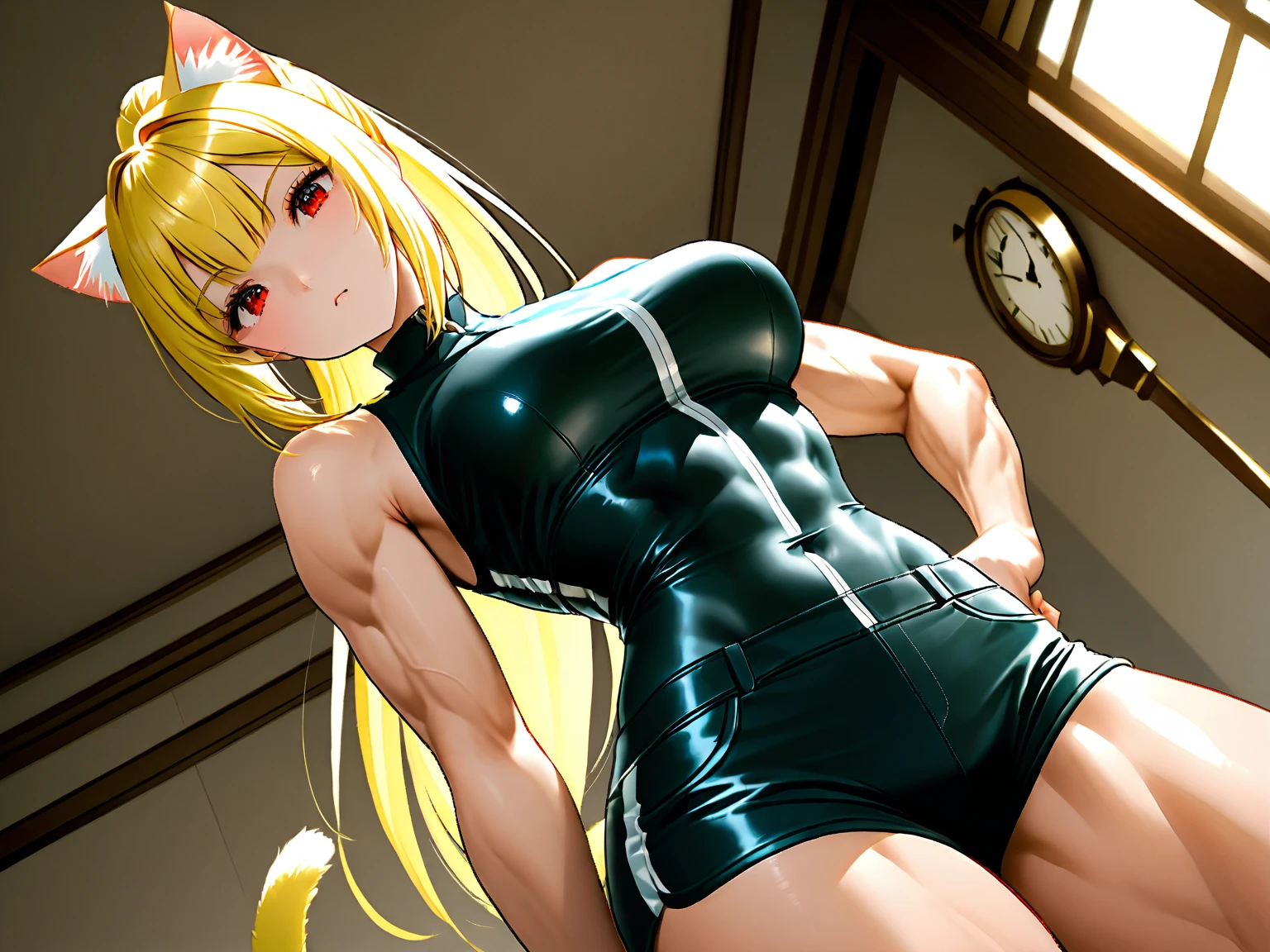 da,bare leg,bare feet,red slingshot swimsuit,wet,o-ring,small breast,full body,solo,dark blue eyes,one girl,medium hair,blonde ,muscle,small breast,indoor,grey backgrpund, strong light and shadow contrast ,crying,tears,pissing,a blonde girl being tortured by electric shock,pantyhose,bondage,machine,iron,bondage,bdsm, tied,tied up
