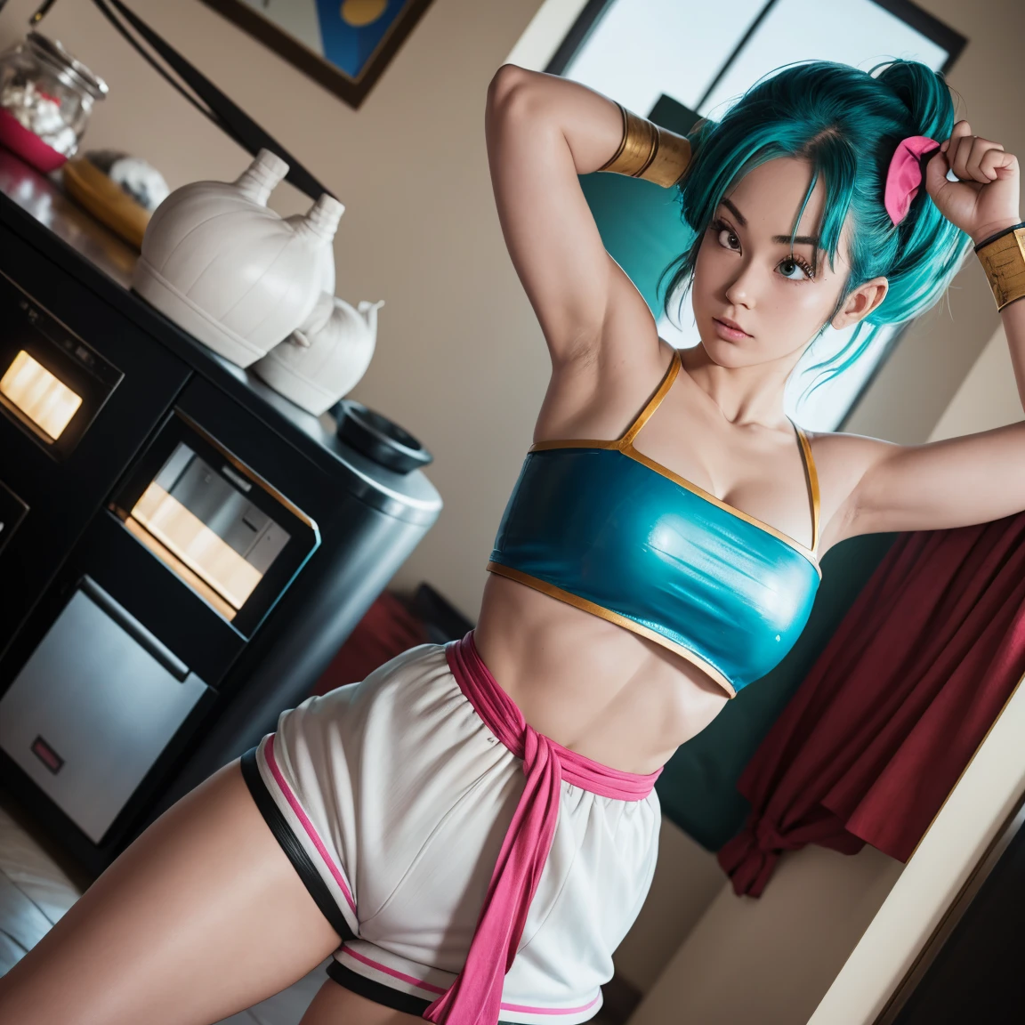 an image of a woman with green hair and blue hair, bulma from dragon ball, saiyan girl, female goku, high quality colored, colored art, by Akira Toriyama, full colored, dragon ball artstyle, full color visual style, akira toriyama style, inspired by Akira Toriyama, dragon ball style, coloured scan