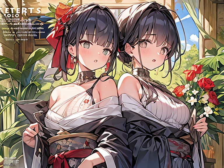 Masterpiece, high resolution, high quality, 2 girls, bouquet, black kimono, big breasts, cat ears, floral pattern, red eyes, black hair, ponytail, white kimono, big breasts, cat ears, floral pattern, yellow eyes, white hair, twin tails