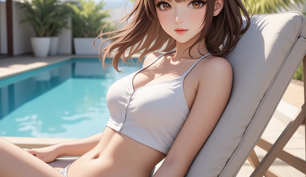 best quality, cute girl, resort island, bright sun, smooth skin, lively atmosphere, realistic, digital painting, refreshing water, energetic atmosphere, vibrant colors, (colorful swimwear), brown eyes, Upper body is shown,