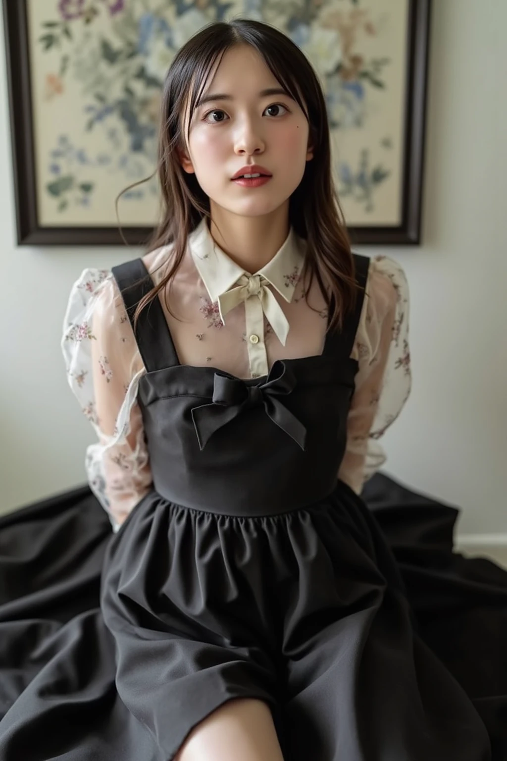 there is a woman sitting on a bench wearing a dress, frilled blooming collar, retro dress, Maid dress, Romantic dress, Victorian dress, shell collar!!l, wearing dresses, frock, detailed dress and face, Puff sleeves, Short sleeves, dress, peasant dress, laced dress, Blue checkerboard dress, portrait 4 / 3, offcial dress, front portrait