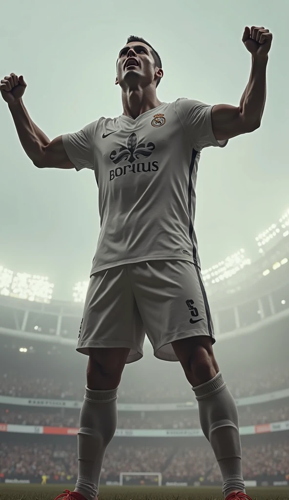 absurdres, highres, ultra detailed), 8k 1 soccer male player similar cristiano ronaldo, playin soccer , tall muscular guy, with soccer manchester clothes best light and shadow, background is manchaster stadium , smailing