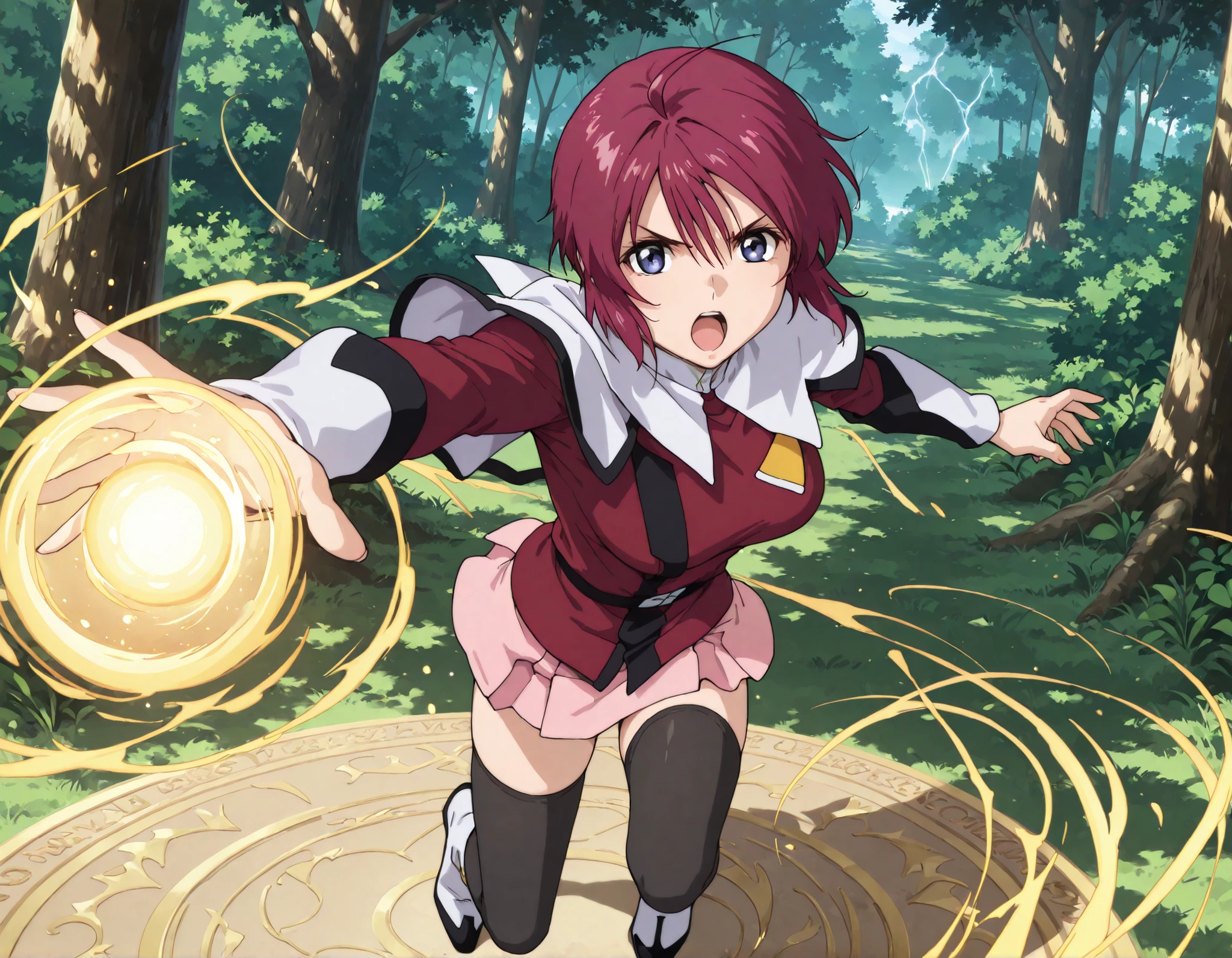 masterpiece, best quality, amazing quality, very aesthetic, absurdres, newest, scenery, 1girl, solo, medium breasts, open mouth,hair between eyes, hair intakes,black bow, white turtleneck, white capelet, red shirt, long sleeves, vambraces, black belt, pink skirt, pleated skirt, miniskirt,black thighhighs, reaching towards viewer, hands up, casting spell, magic, forest, outside, looking at viewer, shiny skin, masterpiece, best quality, amazing quality, very aesthetic, absurdres, newest, scenery,(((lunamaria,1girl,solo,blue eyes,red hair,short hair,ahoge))),NSFW,; quality\(8k, wallpaper, Hi-Res, top- quality, top- quality real texture skin, super realistic, increase resolution, RAW Photo, very detailed, wallpaper, golden ratio,vibrant colors, Dramatic Lighting( Effect:1.5), compelling stories , captivating visuals , complicated details, Strong emotions, A dreamy world \),、「{{{Five fingers}}}」、A character charging up a massive energy ball in their hands, A character charging up a massive energy wave, with lightning crackling around , fireball, v-shaped eyebrows, flame, energy ball,magic circle,magic ball,magic,((fullbody))