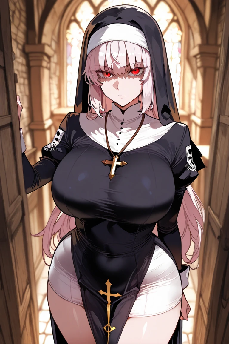 Kizi,In the daytime,Gorgeous church,Light,divino,Gorgeous nun dress,huge tit,blacksilk,Reveals lace panties,Lift the hem,Fine details,Color gas,Church background,Long white hair,red color eyes,exposing her chest,Superskirt