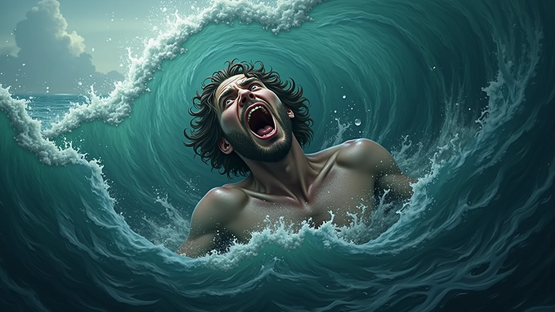 Draw a vague representation of man drowning by getting overwhelmed by life's challenges