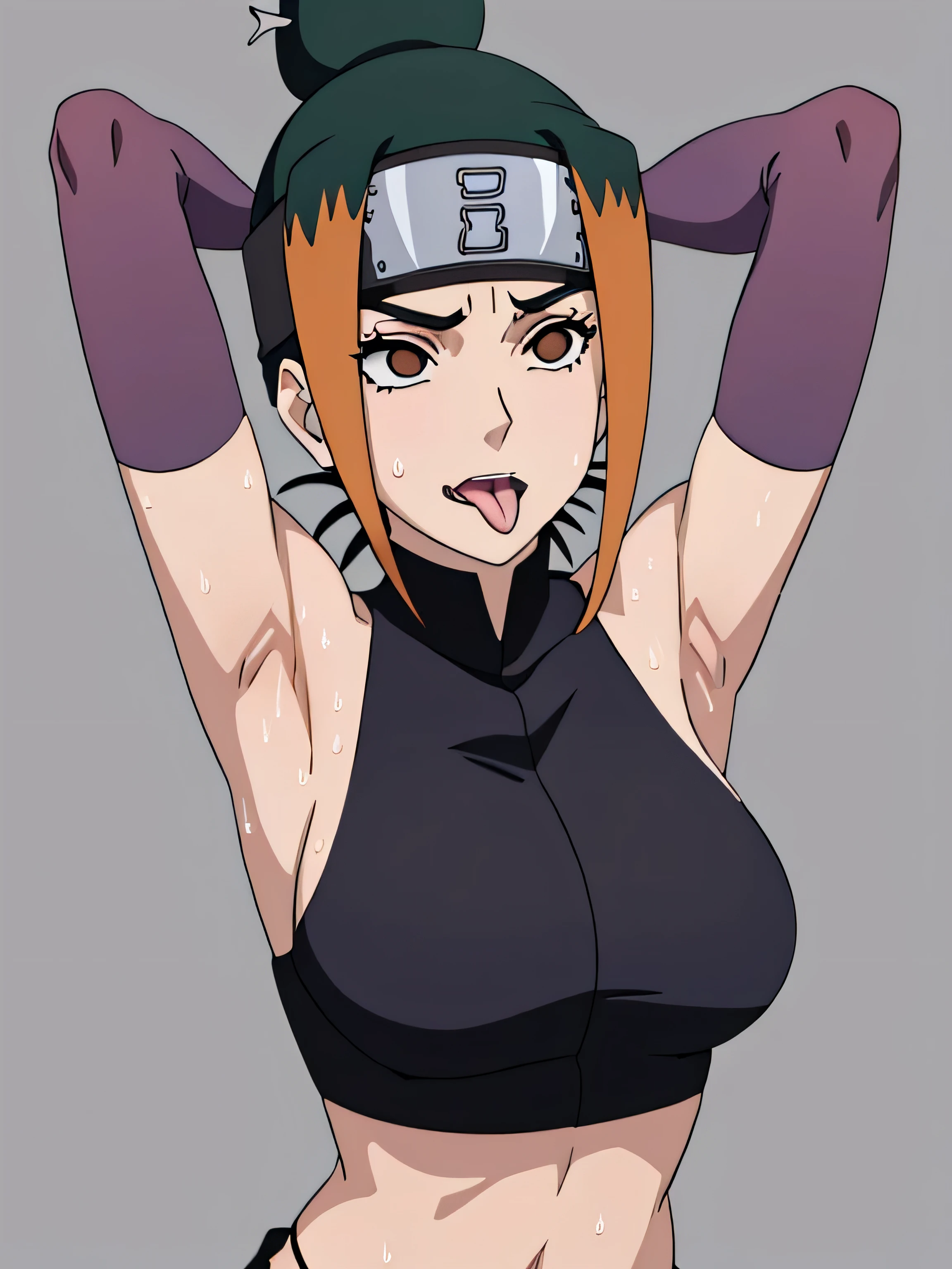 Pakura,human woman with fair skin. She has black eyes and blackish orange clothing. Her hair is black in color; She is beautiful.Tsundere face. Pink eye shading,mature appearance,armpits,sweat,sweaty,sweaty armpits,arms up,showing armpits,awesome armpits,outfit,blackish red arm warmers,maroon arm bands,maroon arm warmers,showing tongue,tongue out,wearing Konoha headband.