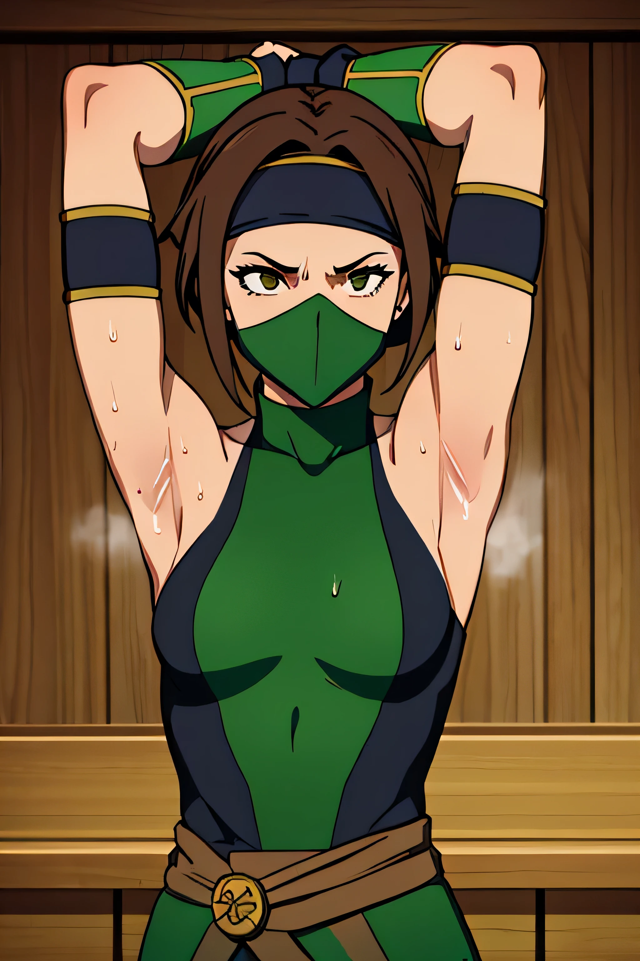 Jade, human woman with wheatish complexion,sleeveless.She has brown eyes and blackish blue clothing. Her hair is blackish brown in color; She is beautiful.Tsundere face.,mature appearance,armpits,sweat,sweaty,sweaty armpits,arms up,showing armpits,awesome armpits,outfit,blackish green arm warmers,blackish green arm bands,black arm warmers, wearing Konoha headband,wearing green face mask
