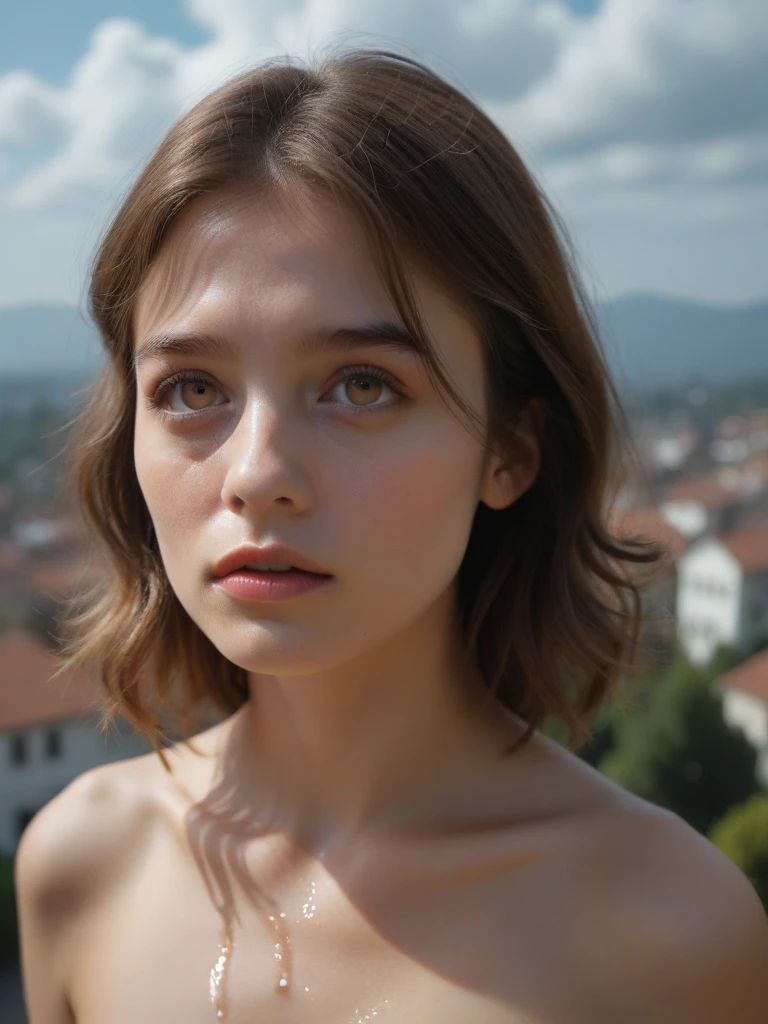 (Mejor calidad, high resolution, hyper realistic, 8K:1.2), adolescente, Fifteen years old, shy, sad, palidez, grandes ojos azules, piel muy blanca, small nose, short brown hair with bangs, melancholia, hermoso, Soft warm tones, Delicate lighting, white rose garden, cuerpo delgado.