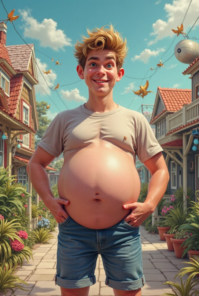 A young handsome blond man, extremely detailed facial features, beautiful detailed eyes, beautiful detailed lips, extremely detailed face and skin, morbid obesity, huge pregnant fat belly, high quality, photorealistic, 8k, hyperrealistic, intricate details, natural lighting, dramatic shadows, vivid colors, cinematic composition
