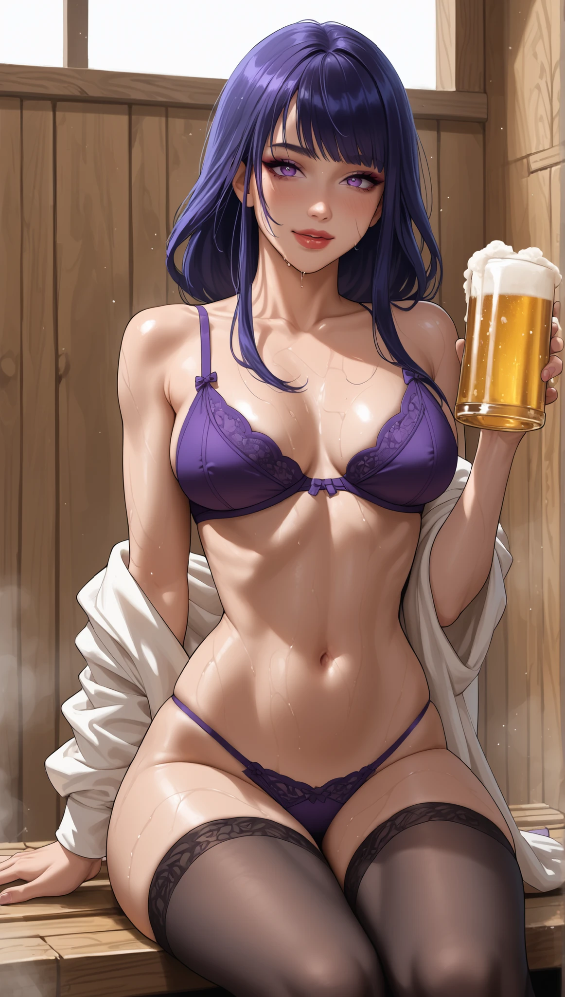1girl, happy expression, adult, mature, perfect breast, medium breast, full round, curvy, thick thighs, full lips, looking at viewer, (athletic Body), Raiden Shogun, stockings, wearing purple bra and panties, in a sauna, blush, on a bench, athletic body, lipstick, eyeliner, eyeshadow, wet skin, holding a beer mug, pours beer on herself