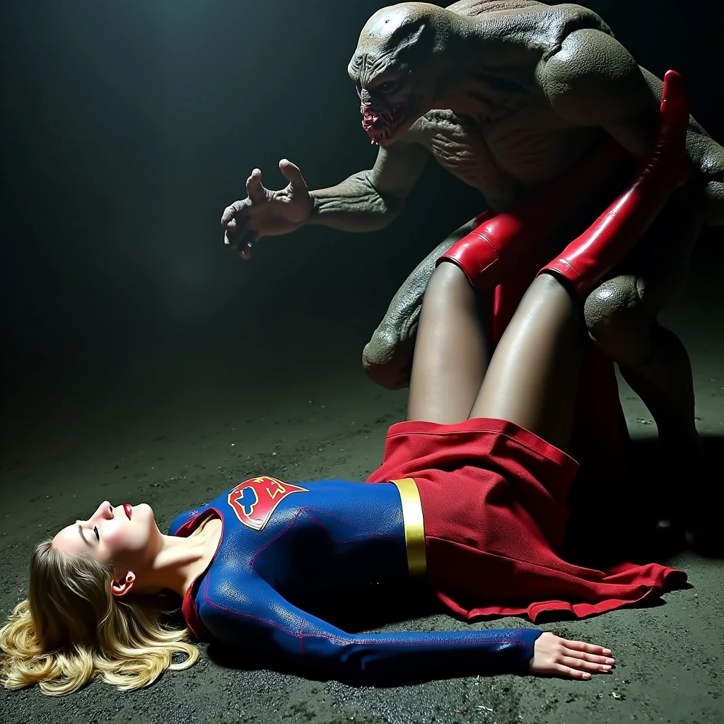 Supergirl is lying on the ground, a group of aliens attack her, Melissa Benoist as supergirl, she is crying, anxious, painful, whole body, hyper realistic,