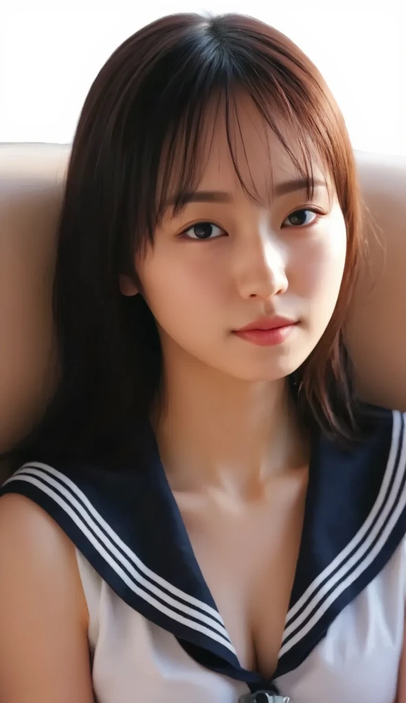 (professional portrait、professional writing)、highest quality, (anatomically correct arm:1.3), Detailed workmanship、high resolution、(8K, High resolution:1.2)、(RAW photo, photorealistic:1.3)、masterpiece、slender body shape、high definition face、Face is in focus、high definition eyes、(Focused, symmetrical pupils:1.2)、High-definition and beautiful skin、firm skin、natural makeup、gross lip, High-definition hair texture、 Japanese high school girl、17 years old、(sailor suit:1.3), (lying down on one’s back:1.3), (hugging own chest by arms:1.3), very cute, (very embarrassed:1.2), (blush:1.1), (afraid:1.3), (Glaring at the camera:1.3)、(shot from above), nsfw, open mouth:1.2、beautiful thighs