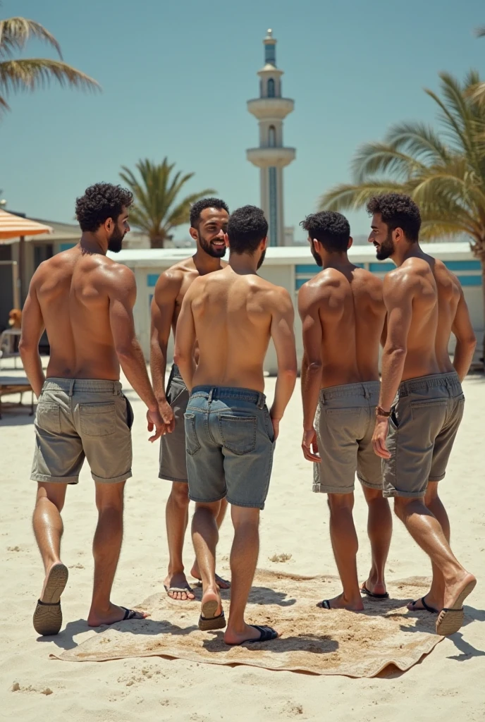 With wavy black hair on the beach, White skinned, barefoot, bikini woman. 3 men touching a woman