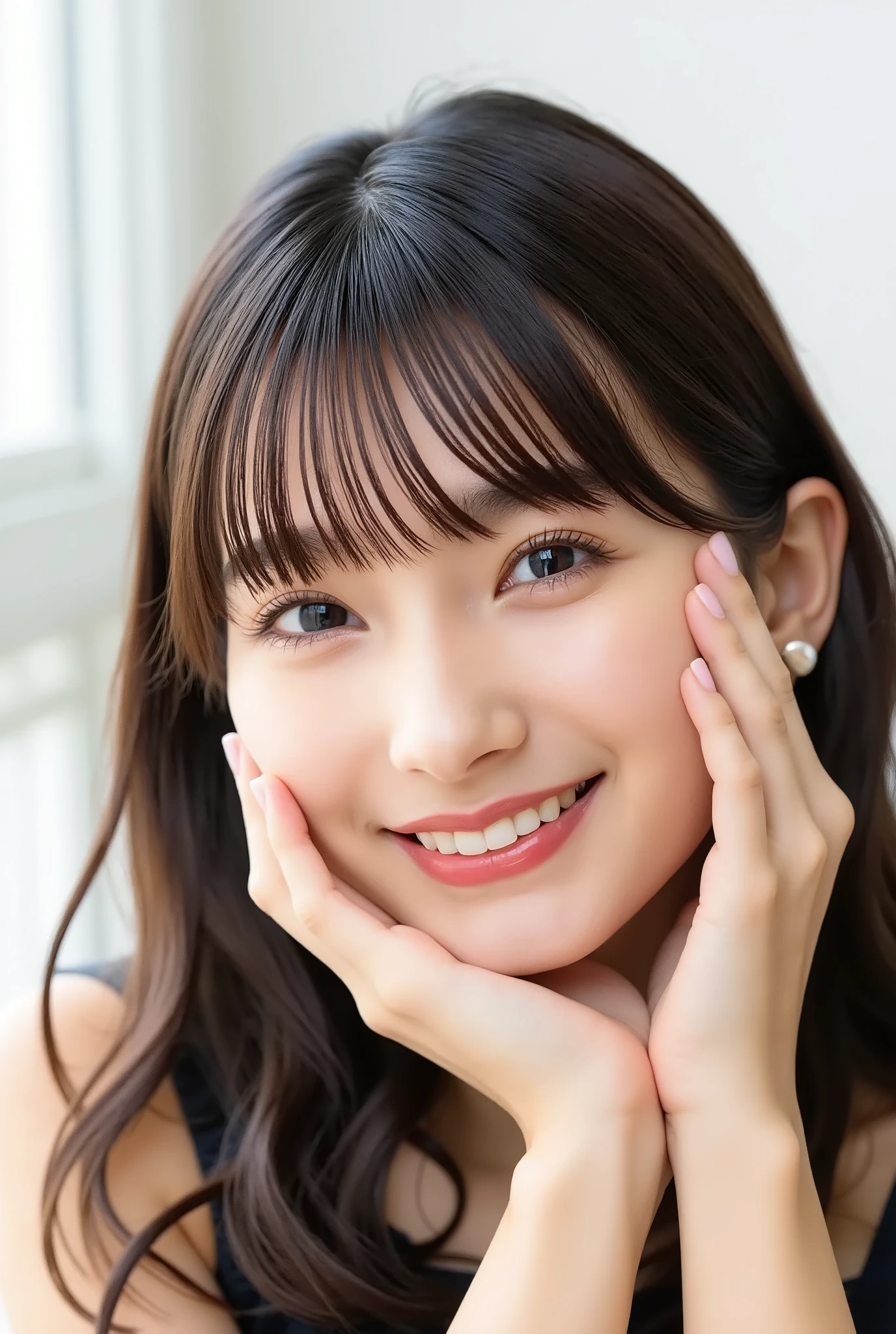 extreme close-up portrait, beautiful girl with her love-struck, radiant face filling the entire frame (95% face ratio), gently placing both open hands on her flushed cheeks with soft fingers, soft black camisole, white blurred background, eyes dreamy and half-lidded, deeply adoring gaze fixed straight at the viewer, irises ultra-detailed with intricate rainbow reflections and glowing catchlights, moist and sparkling eyes as if about to tear up from overwhelming joy, soft melting smile revealing slightly parted lips and upper teeth, skin with visible soft pores, realistic skin texture with warm lighting and subtle shadows, delicate eyelashes, glossy lips with natural highlights, cheeks glowing with deep blush, cinematic soft lighting, lifelike expression full of romantic euphoria, overflowing with happiness, warmth, and pure affection, subtly tilting her head as if whispering a name in total bliss, ultra photorealistic, masterpiece, 8K, hyperreal detail, skin pores, detailed iris texture, cinematic mood